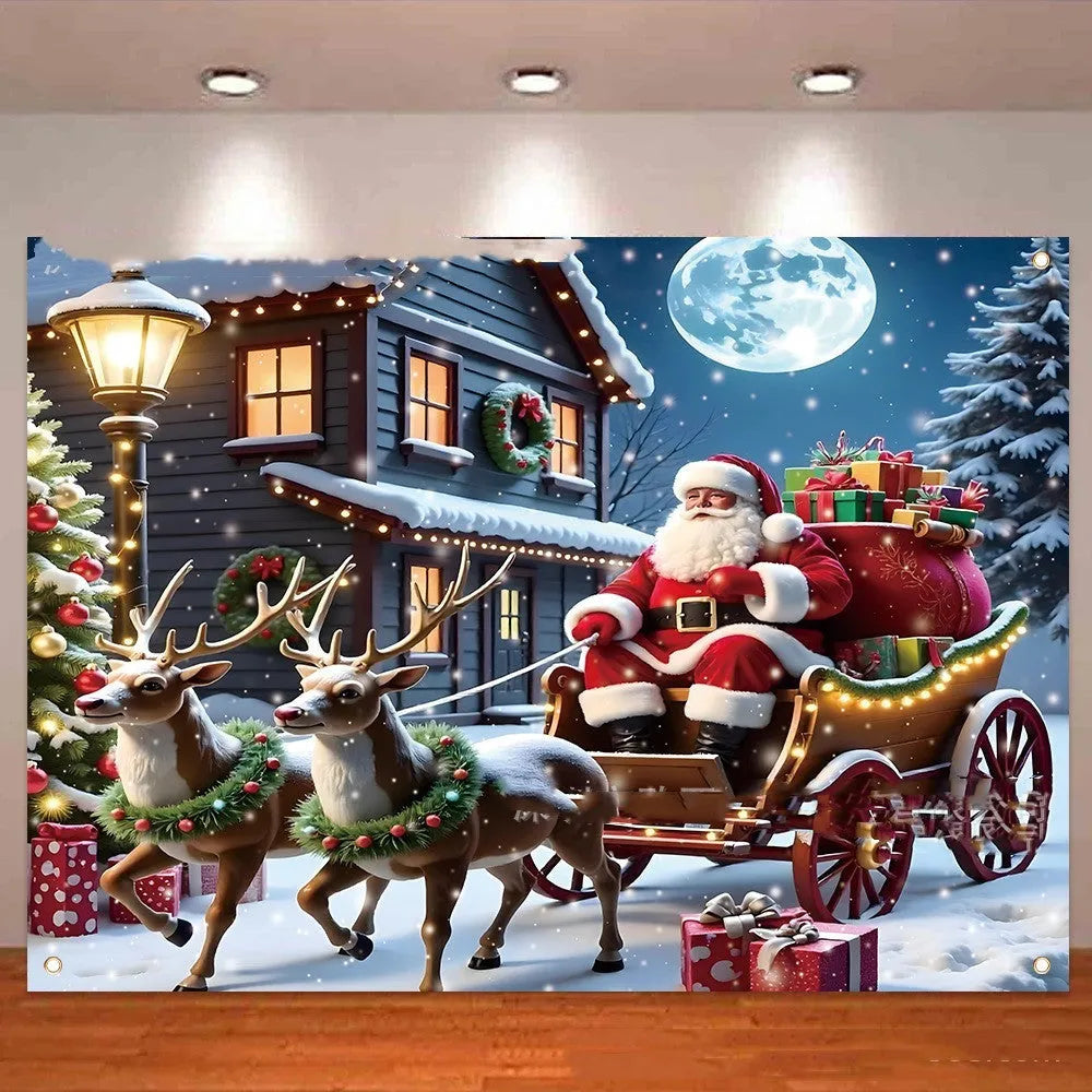 Red and white Christmas banner with Santa Claus design, measuring 210cm by 150cm.