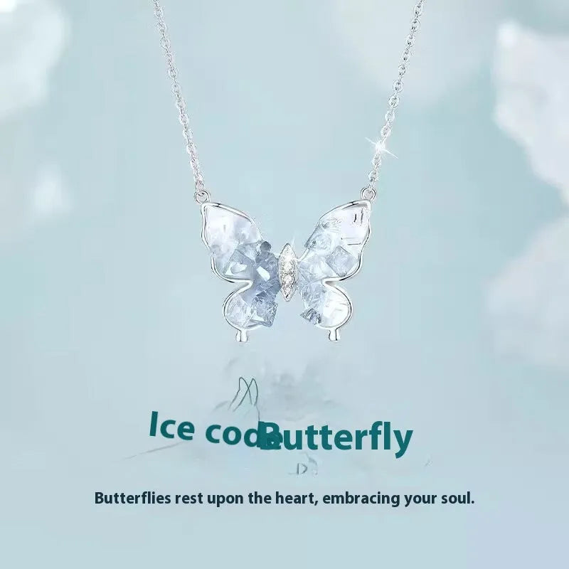 Bingyu butterfly necklace in S925 silver with ice rain pendant on adjustable chain
