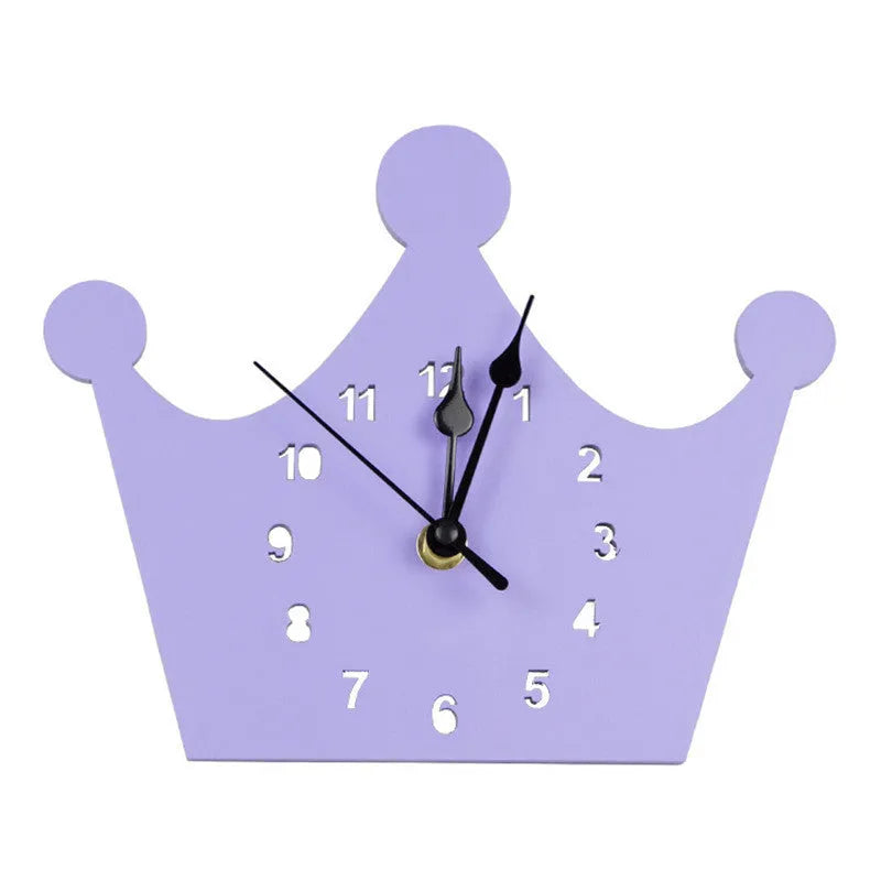Wooden cartoon wall clock with battery-powered quartz movement in playful animal and shape designs