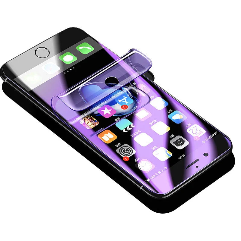 Purple light coloured hydrogel screen protector for curved-edge Samsung Galaxy phones on a table.