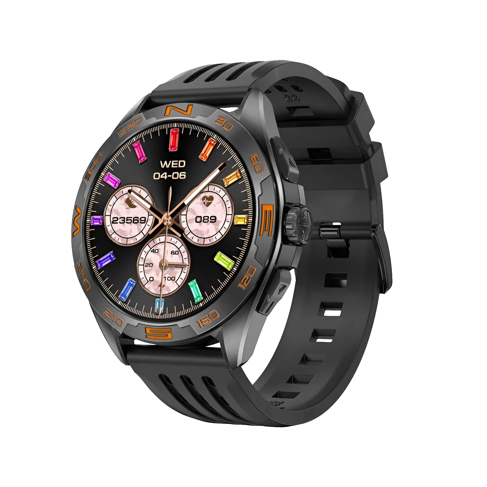 Smart watch with health monitoring sensors showing blood pressure, heart rate and oxygen readings on display