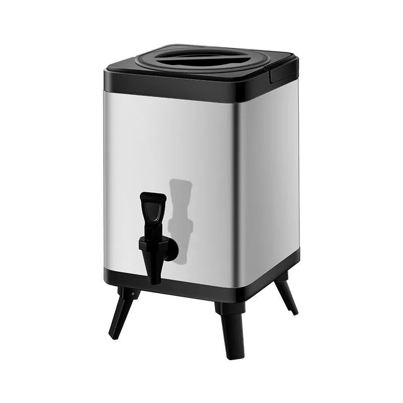 Silver stainless steel milk tea bucket with square lock lid, 8-litre capacity for commercial use.