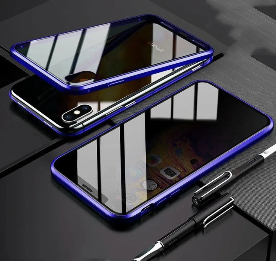Anti-spy privacy phone case in black with a glass screen guard, shown next to an iPhone.