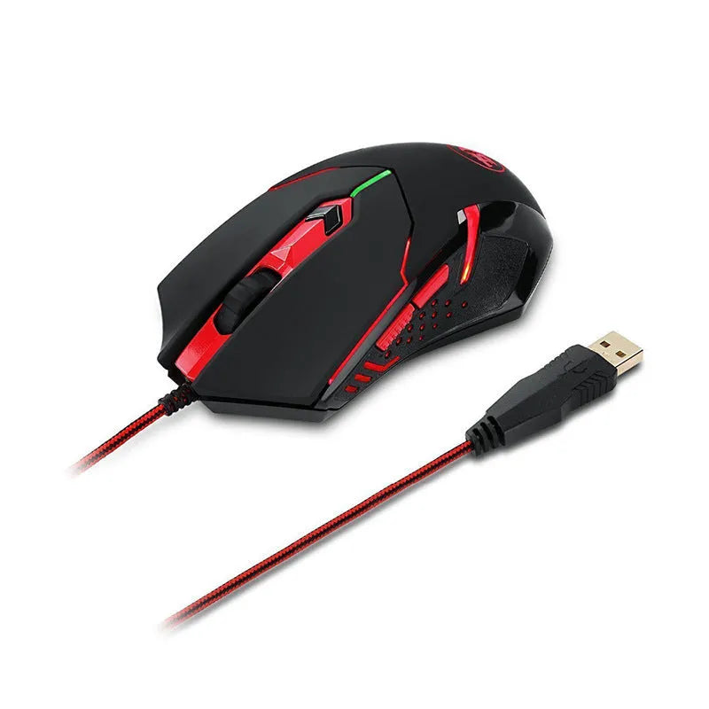 Black and red USB wired gaming mouse with six buttons and ergonomic design on desktop