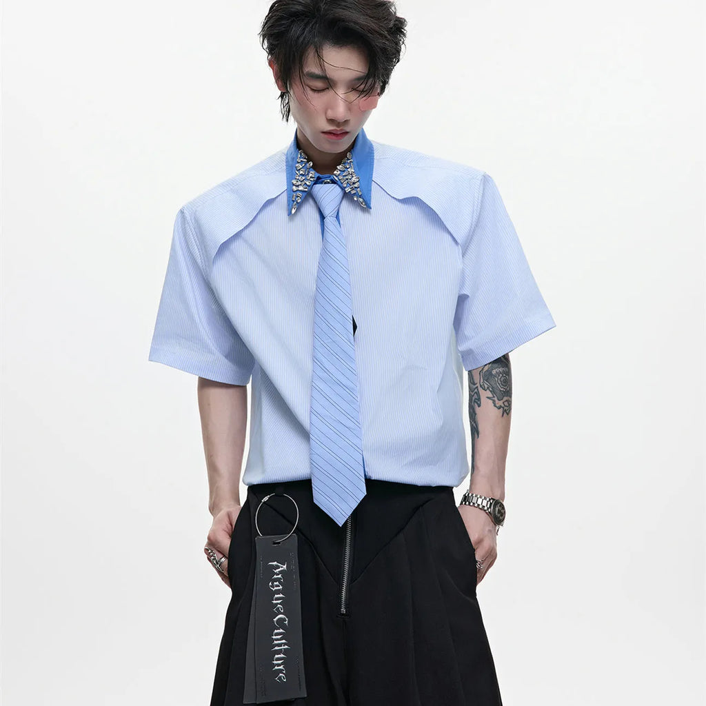 Men's loose fit blue diamond tie patchwork striped shirt with quilted construction and flip collar