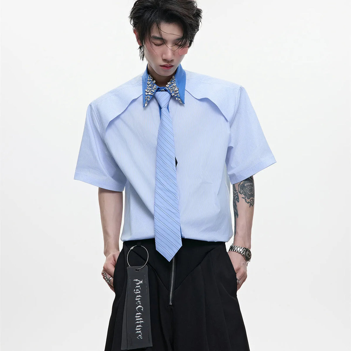 Men's loose fit blue diamond tie patchwork striped shirt with quilted construction and flip collar