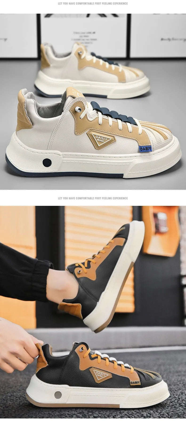Men's beige low-top casual sneakers with elastic band and leather stitching.
