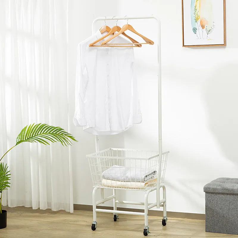 Movable clothes hanger storage car with iron construction and pulley system in white colour