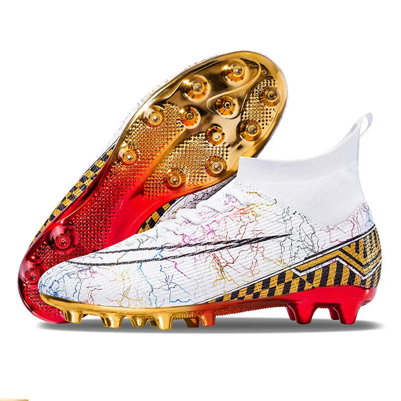 High-top football training shoes with PVC sole in white, black and mandarin duck colours