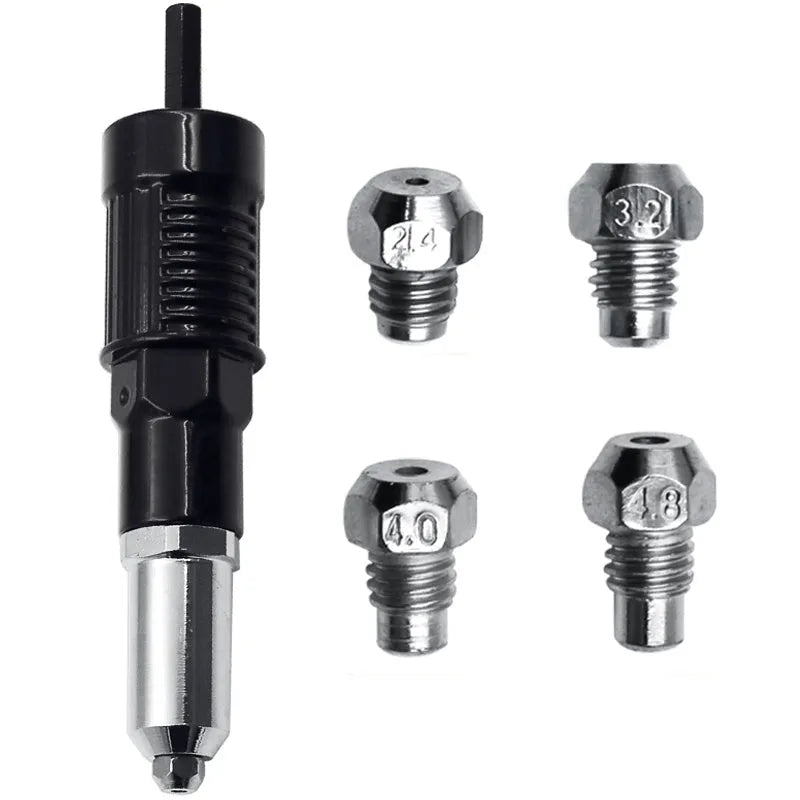 Black metal electric drill rivet gun conversion tool with handle, wrench, and rivet heads