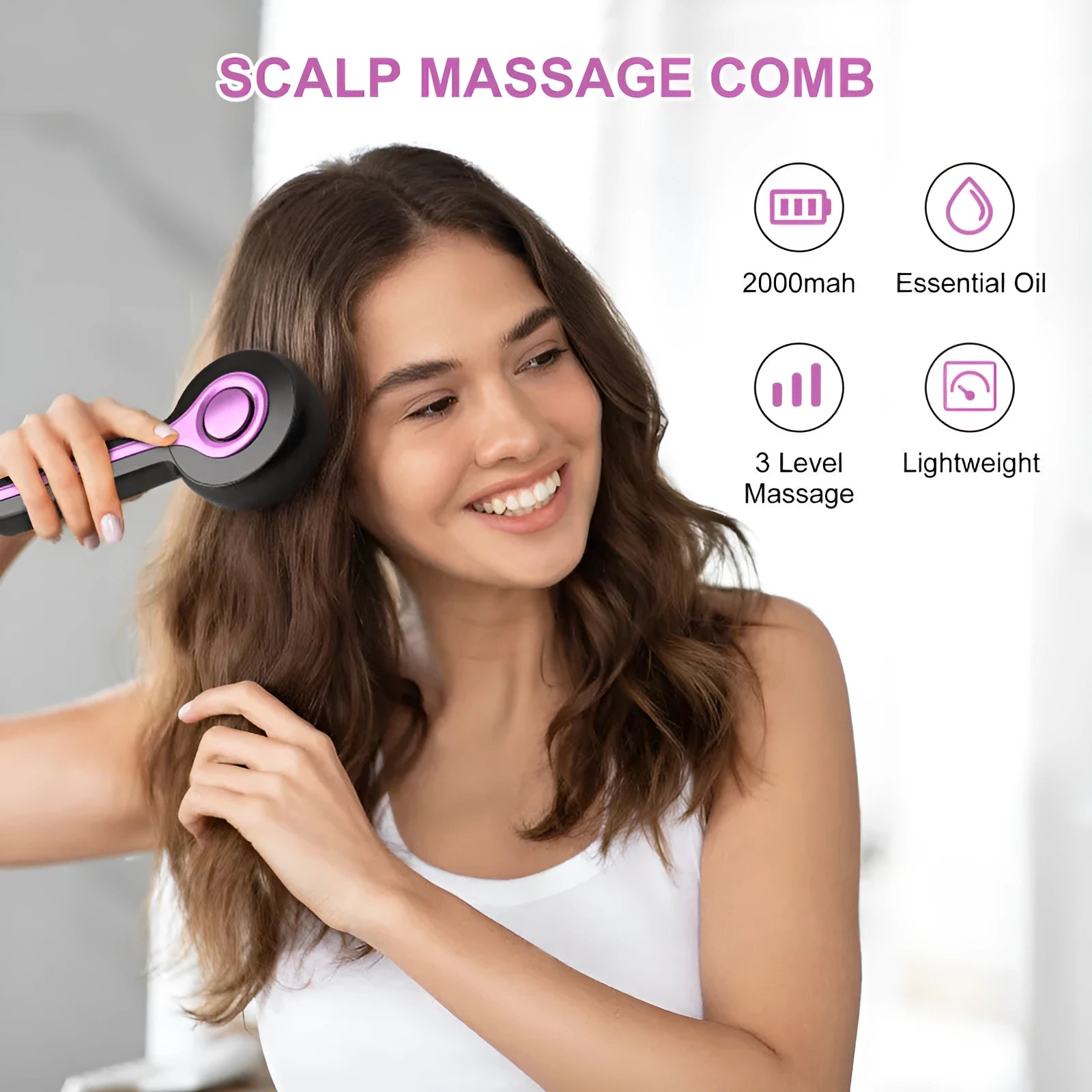 USB-powered head massage tingler with comb design in black, grey, or red, showing mechanical controls and two speed settings.
