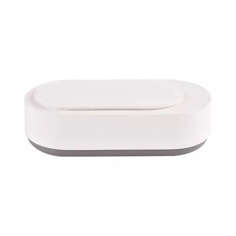 White portable ultrasonic cleaning machine with stainless steel tank and touch button.