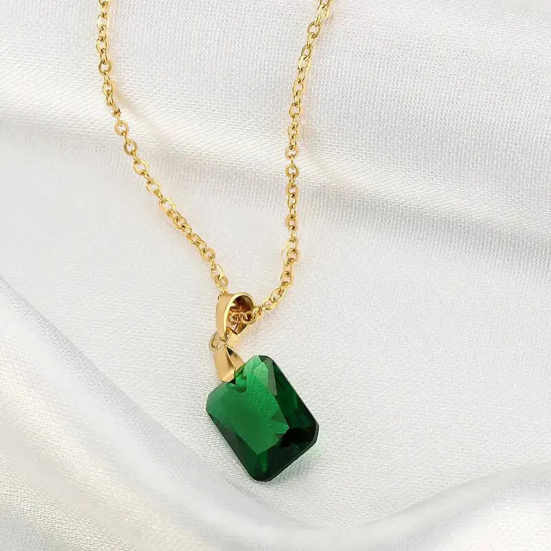 Copper geometric necklace with green rectangular pendant on O-ring chain
