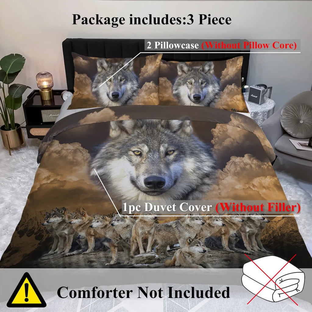Brown 3-piece wolf print duvet set with microfiber comforter and two pillow shams on bed