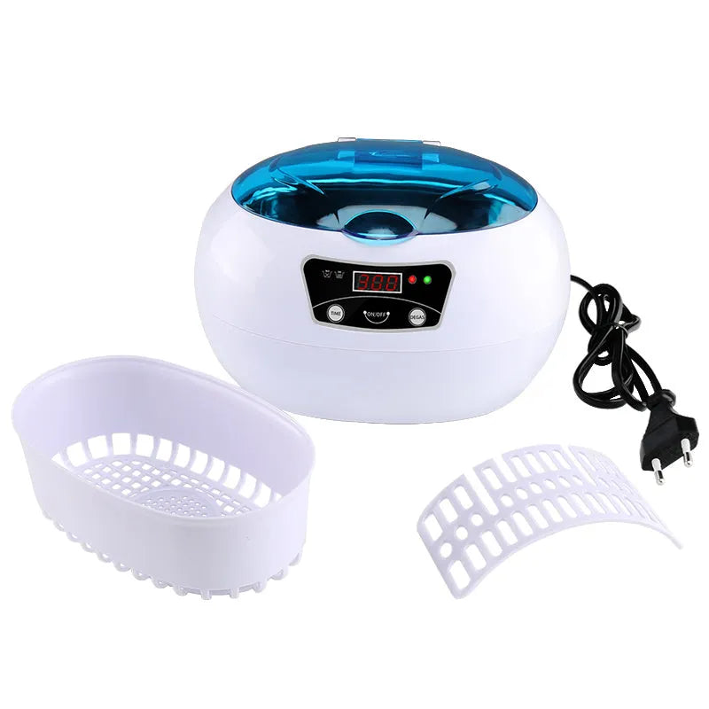Ultrasonic cleaning machine for home in white blue, 40KHz digital control, compact 20.6 x 15.2 x 13.2 cm
