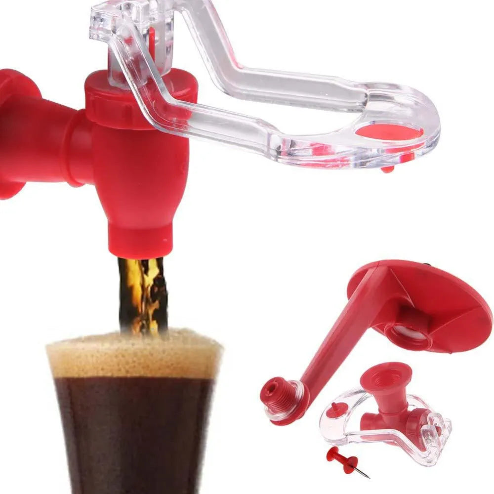 Red plastic Magic Tap soda drink dispenser for 2-litre bottles on a kitchen counter.