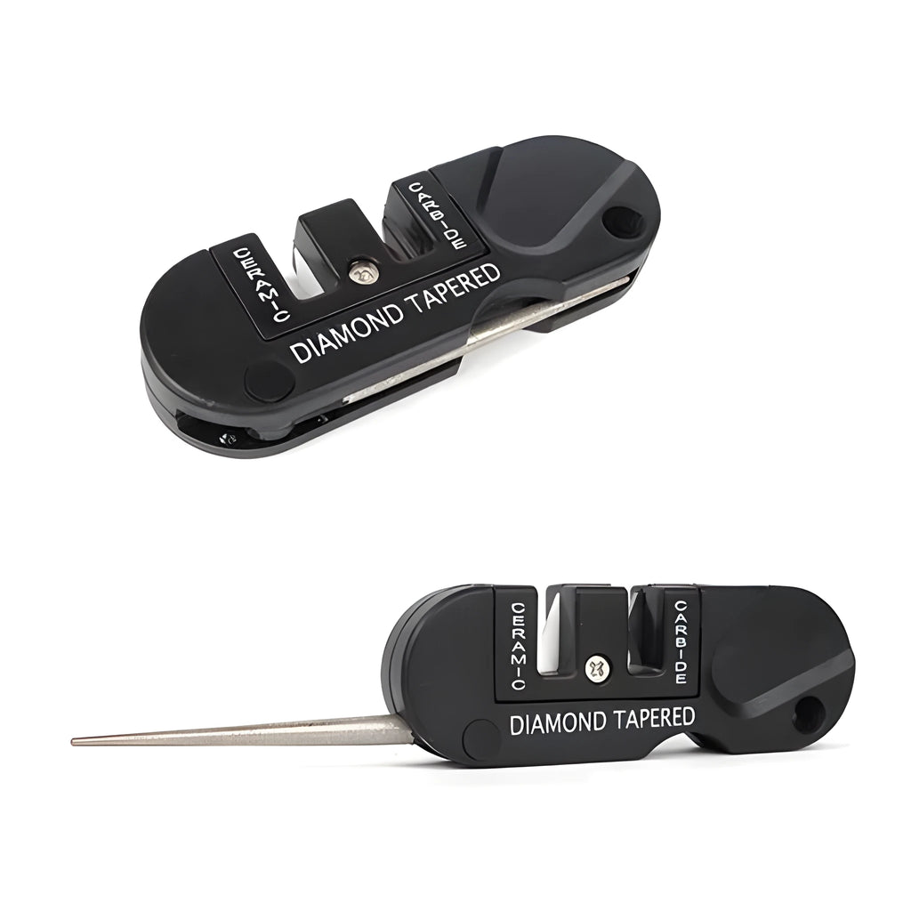Pocket Pal knife sharpener in black with diamond rod, carbide blades, and ceramic stones open for use
