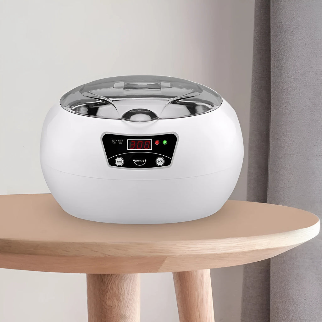 Ultrasonic cleaning machine for home in white blue, 40KHz digital control, compact 20.6 x 15.2 x 13.2 cm