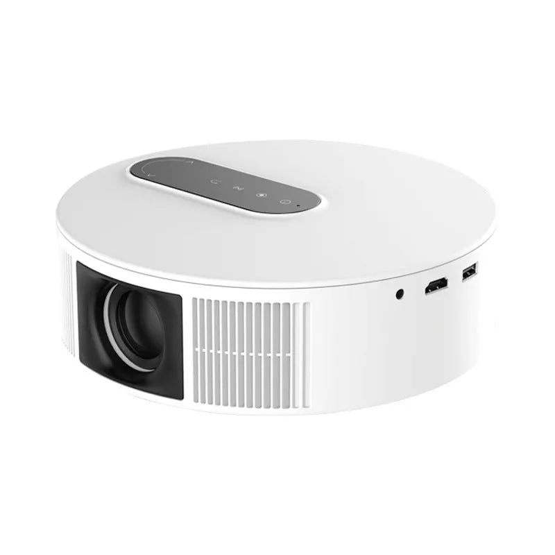 White HD home projector with remote control on a wooden table