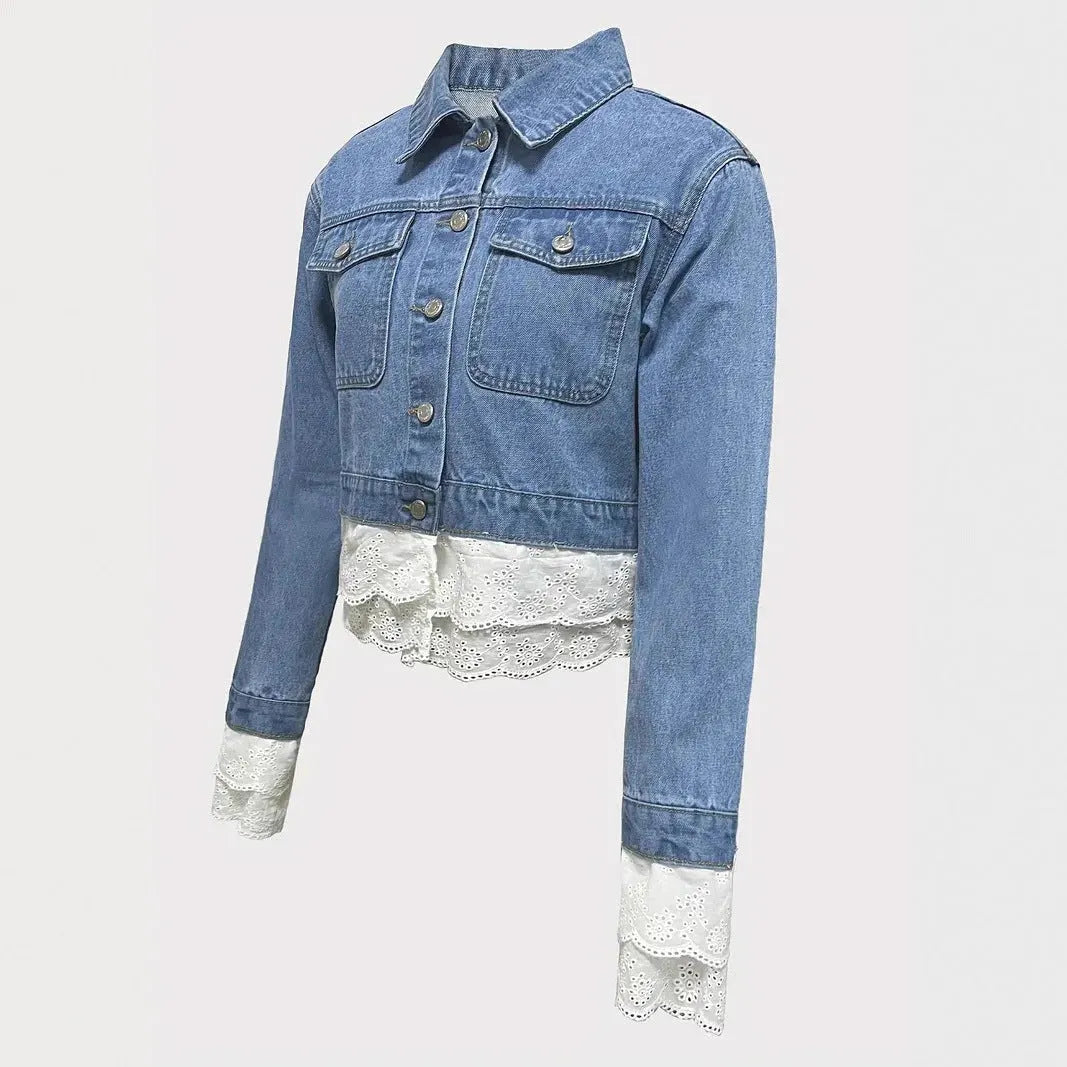 Blue women's denim jacket with white lace stitching details on the front, showing long sleeves.