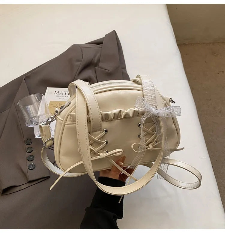 Women's PU leather bandage bow handbag shoulder bag with phone pouch in milky white colour