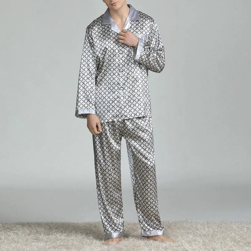 Men's printed long-sleeved pajama suit in imitation silk polyester fiber, cardigan style with V-neck lapel collar and matching trousers