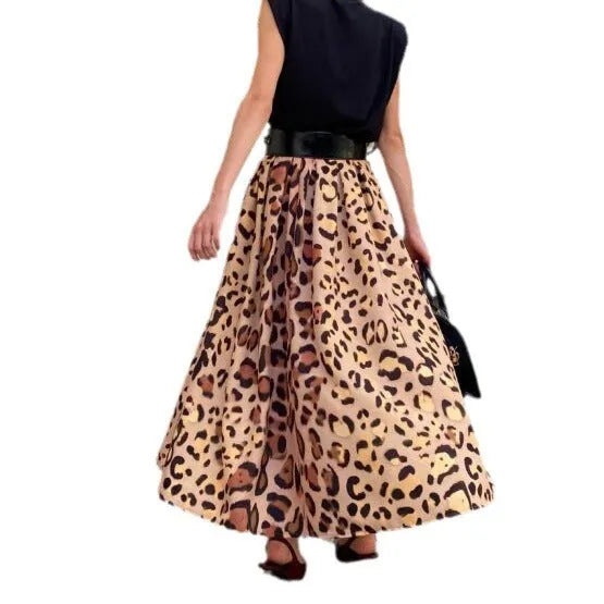 Brown leopard print women's A-line long skirt with elastic waistband
