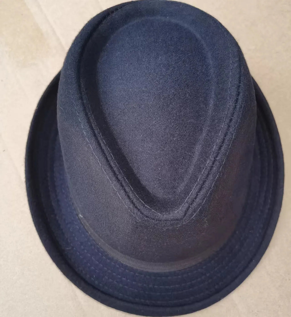 Men's wool blend fedora hat 58cm black jazz bowler style with 4.5cm brim