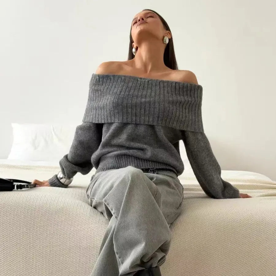 Grey strapless off-the-shoulder sweater with 3D pattern effect and regular sleeves