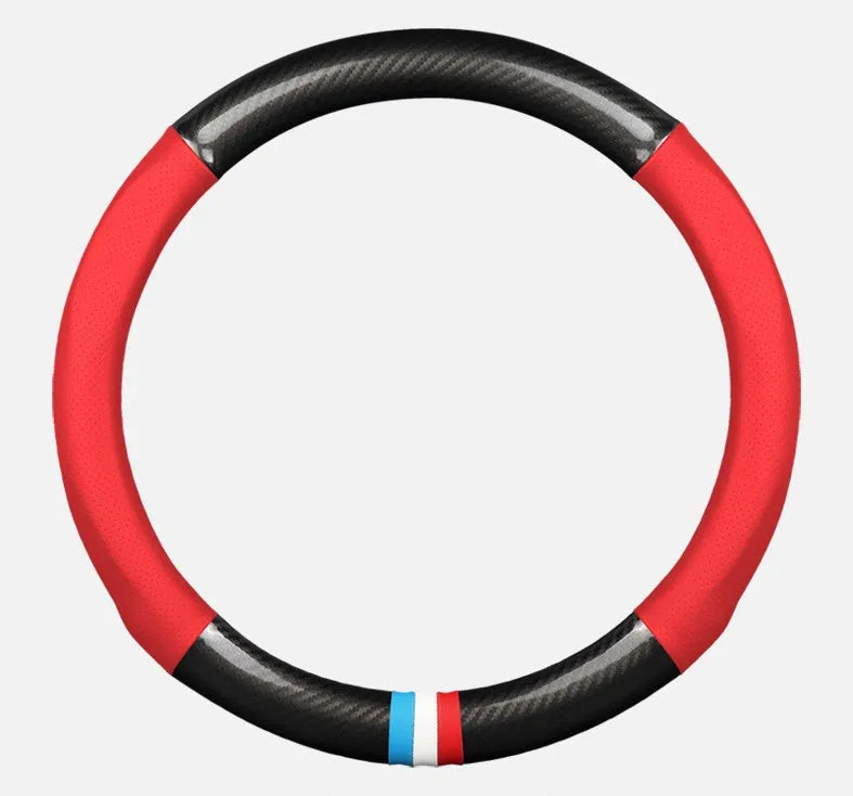 Universal 38cm leather carbon fiber steering wheel cover in mirror black with hole option