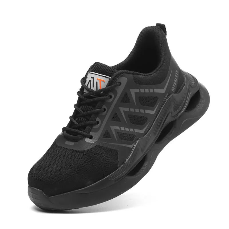 Black steel toe safety shoes with flat knit upper fabric and lace-up closure