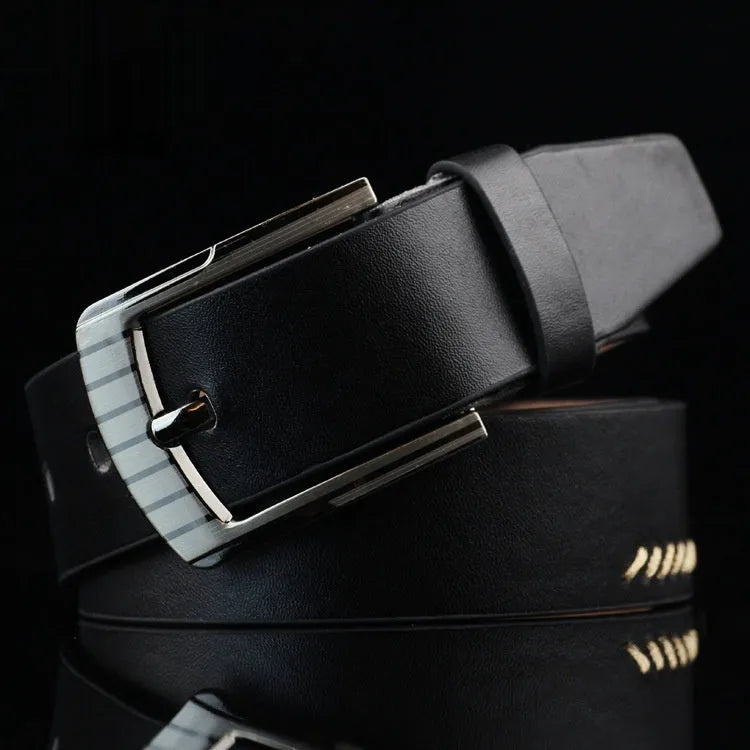 Men's retro pattern belt with alloy pin buckle in black, brown and white colour options