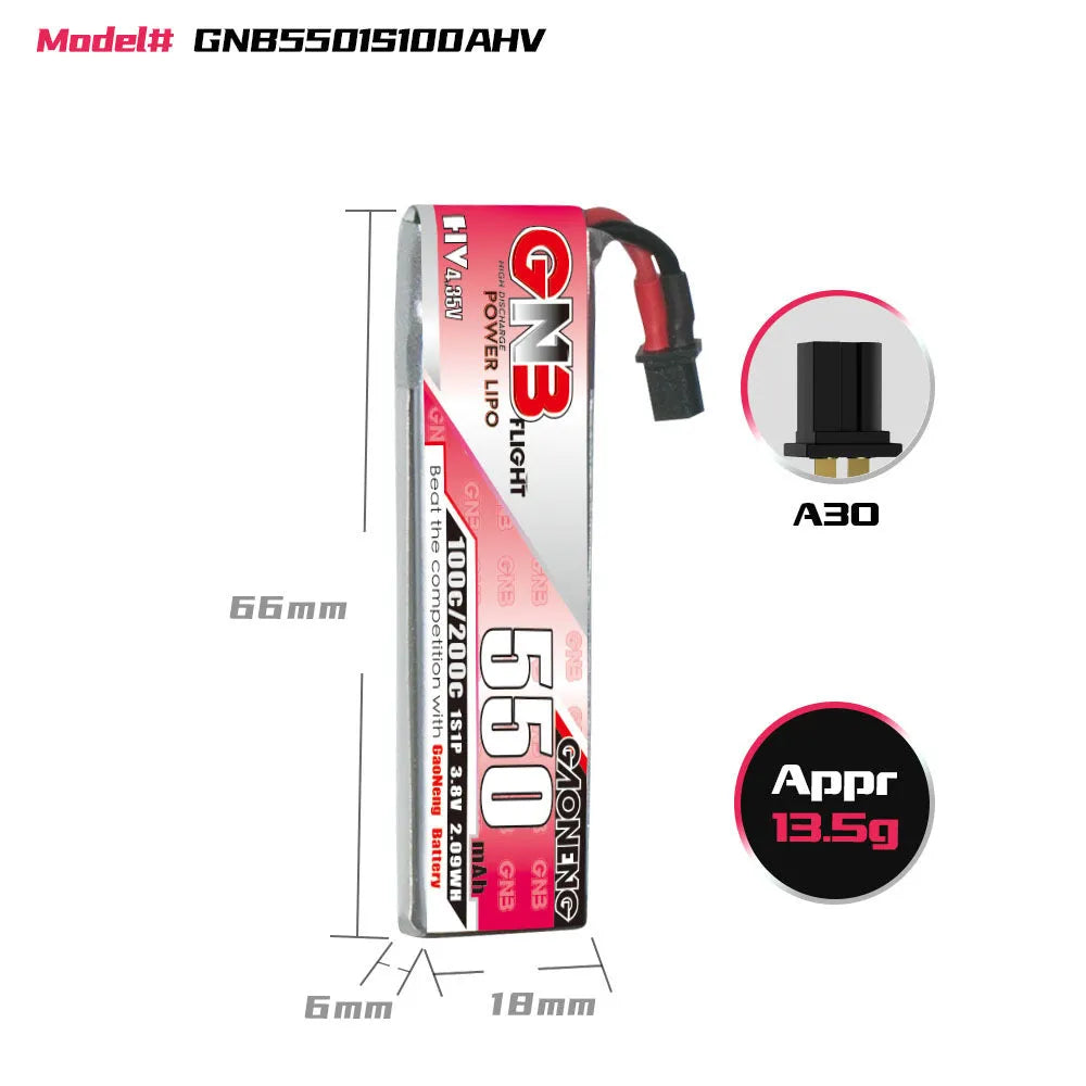 GNB High Energy 550mAh 1S 3.8V HV lithium battery with metal casing and A30 plug