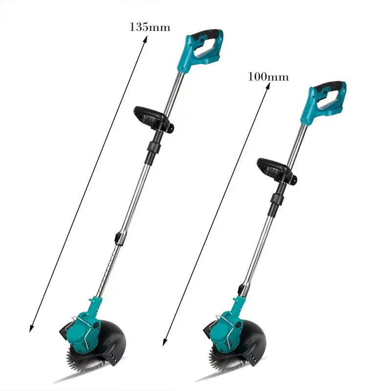 Folding lithium electric lawn mower with three blades, telescopic handle, and 110mm circular blade on wheels