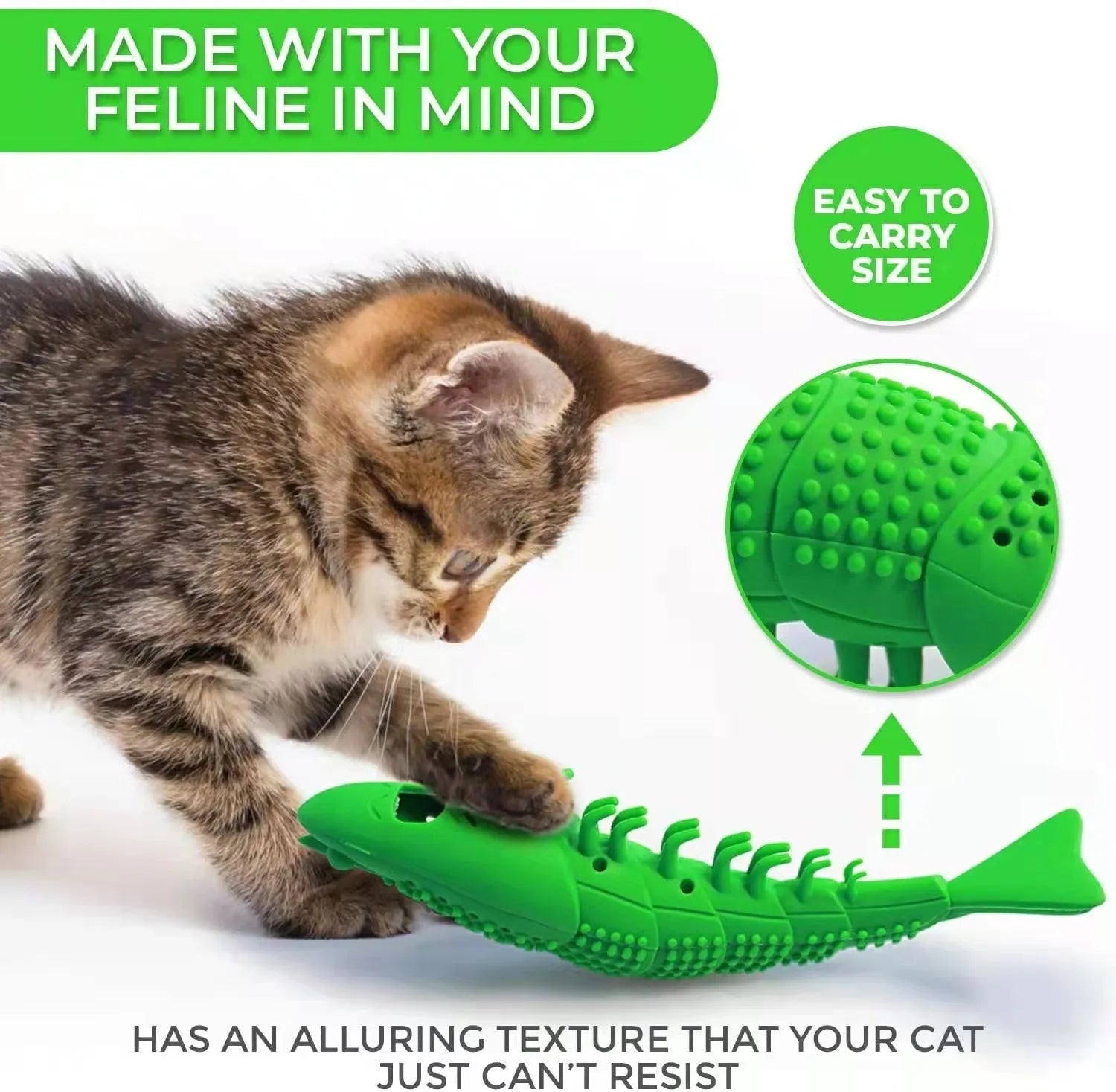 Blue hard rubber cat toy with a 360-degree teeth cleaning design and a bell inside.