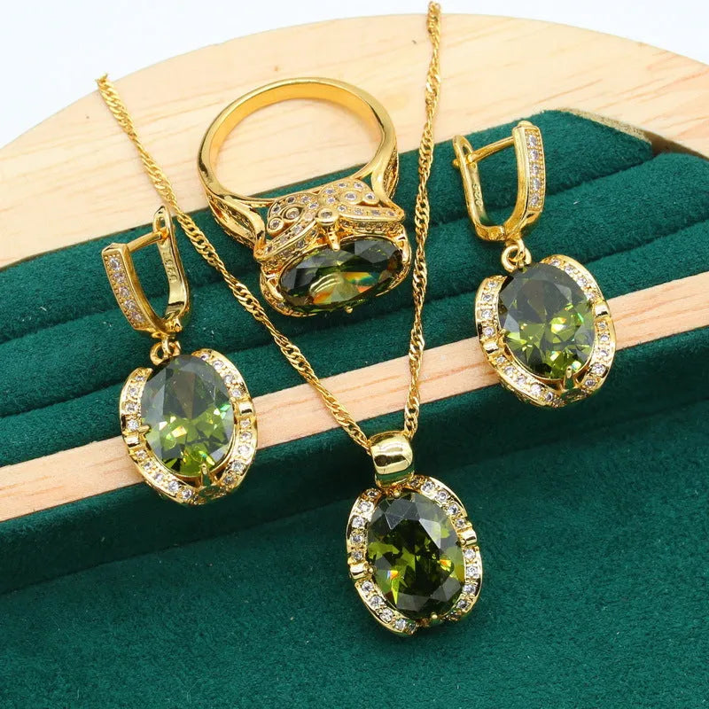 Women's full rhinestone zircon jewellery set with snake bone chain necklace, earrings and ring in olive green or red colour
