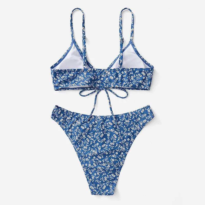 Blue polyester three-piece swimsuit without steel rings, showing top and shorts