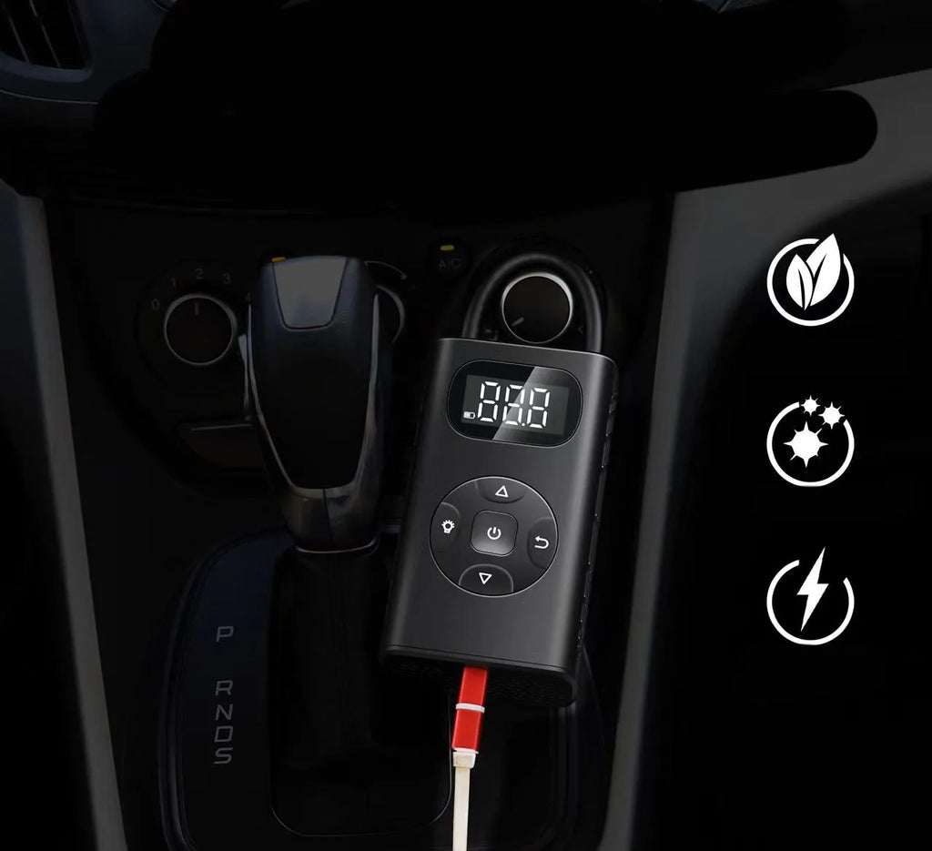 Black portable USB tyre inflator with digital display and air hose for cars and bikes.