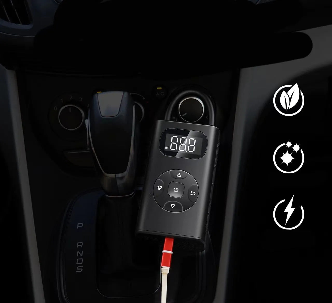 Black portable USB tyre inflator with digital display and air hose for cars and bikes.