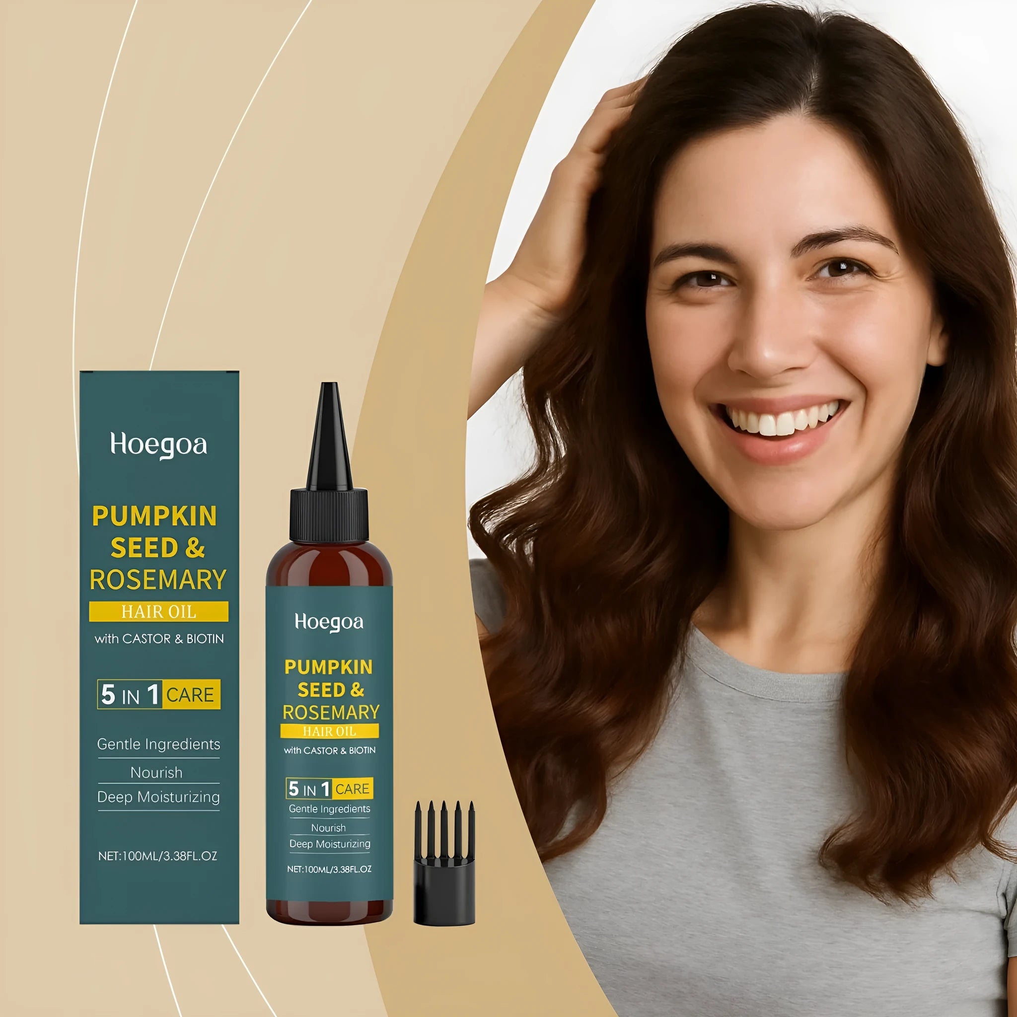 Rosemary essential oil hair care kit showing 100ml bottle with pointed nozzle and hair comb