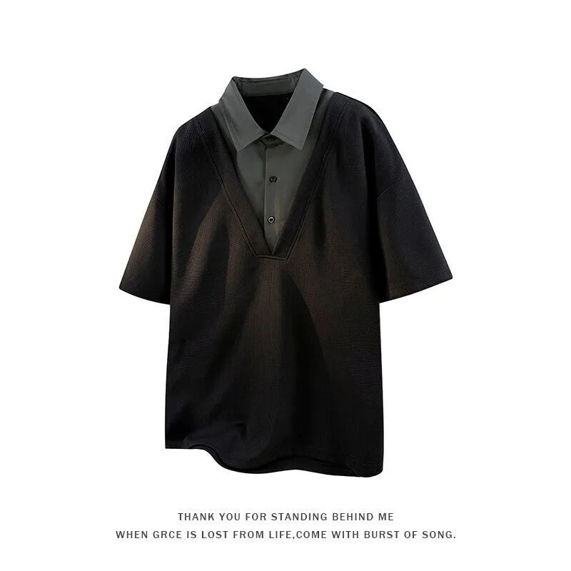 Men's thin Spandex polo sweater with a Henley collar in black and apricot colours.