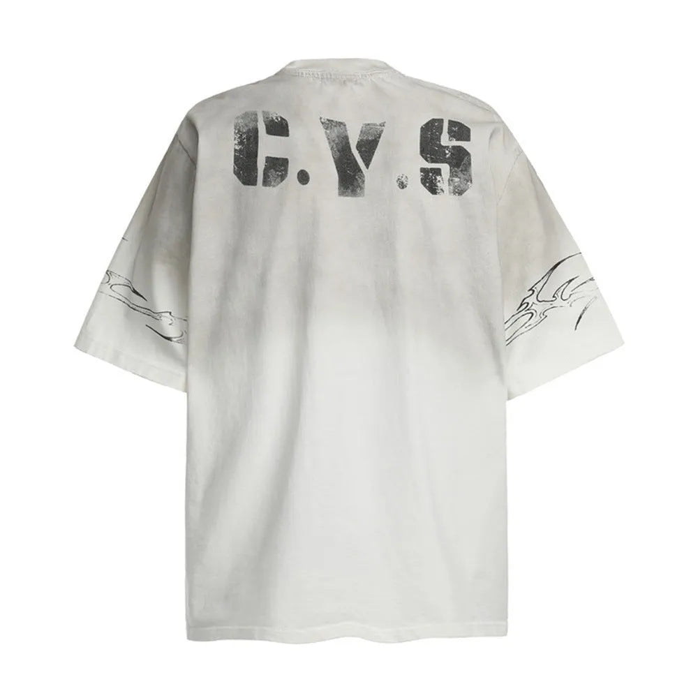 Men's black and white pure cotton short-sleeved t-shirt with a printed design, shown in sizes S to XL.