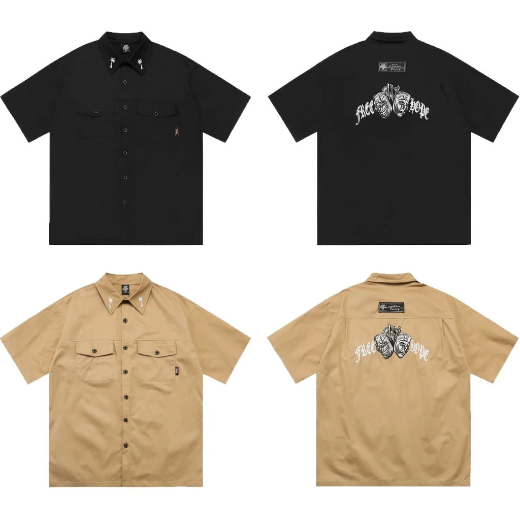 Men's black cotton blend embroidered work shirt with half sleeves and loose fit design