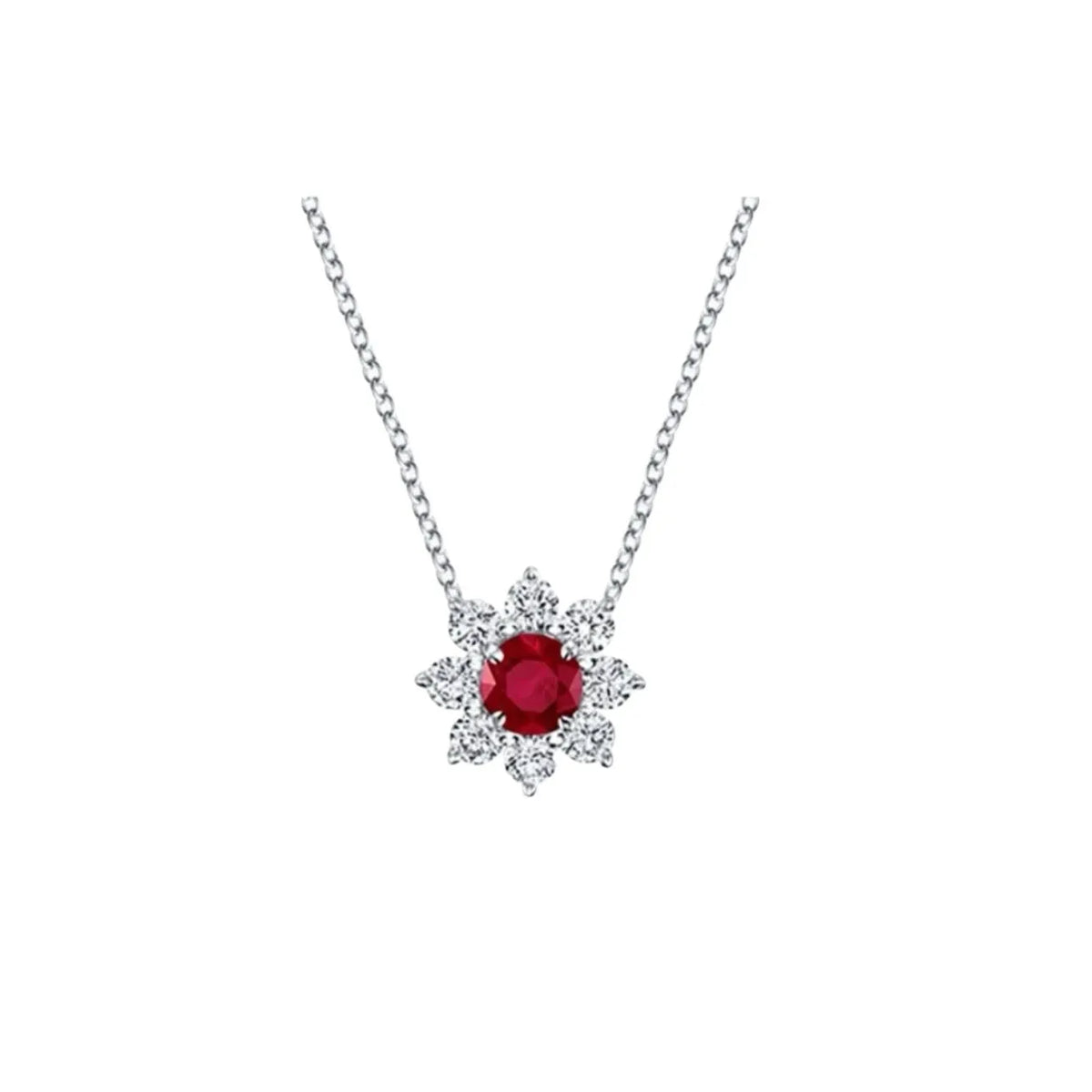 Red diamond inlaid flower-shaped 925 silver clavicle chain necklace and stud earrings set for women