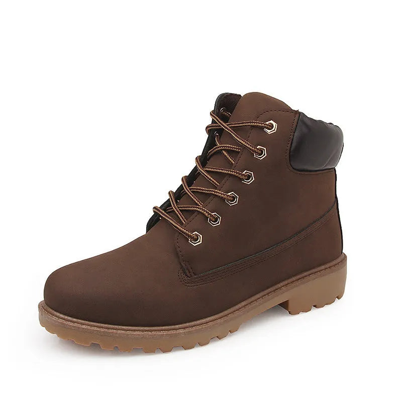 Men's pink high-top Martin boots with velvet lining, round toe, and flat lace-up front.