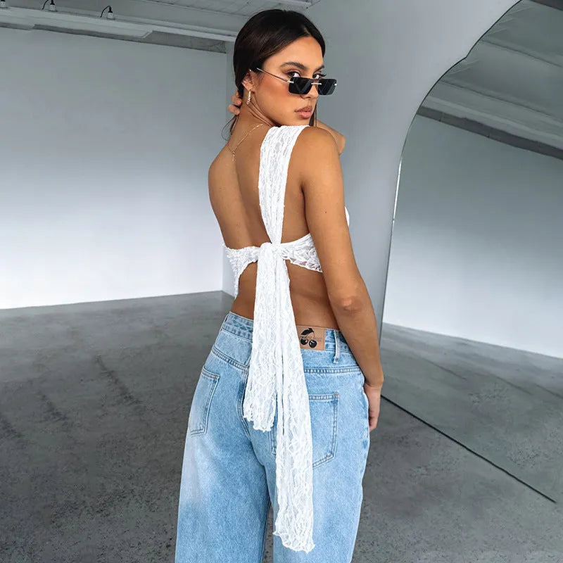 Women's lace backless sleeveless vest with asymmetrical neckline in solid colour