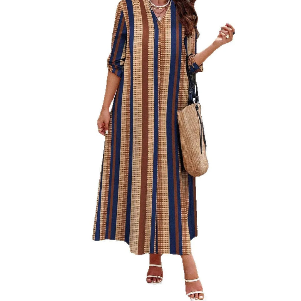 Camel coloured vertical striped V-neck knitted dress with long sleeves and A-line skirt