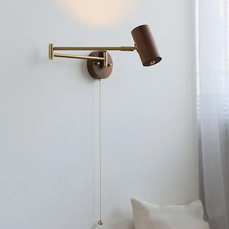 Retro walnut wood wall lamp with rotating spotlight and long arm extension