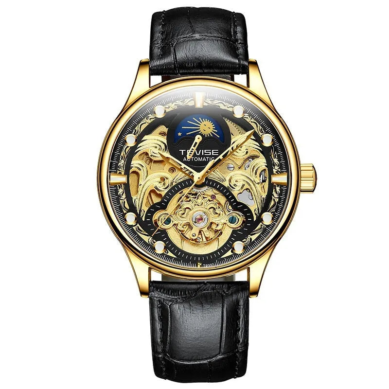 Men's automatic mechanical watch with leather strap in gold or white colour, 16mm case thickness