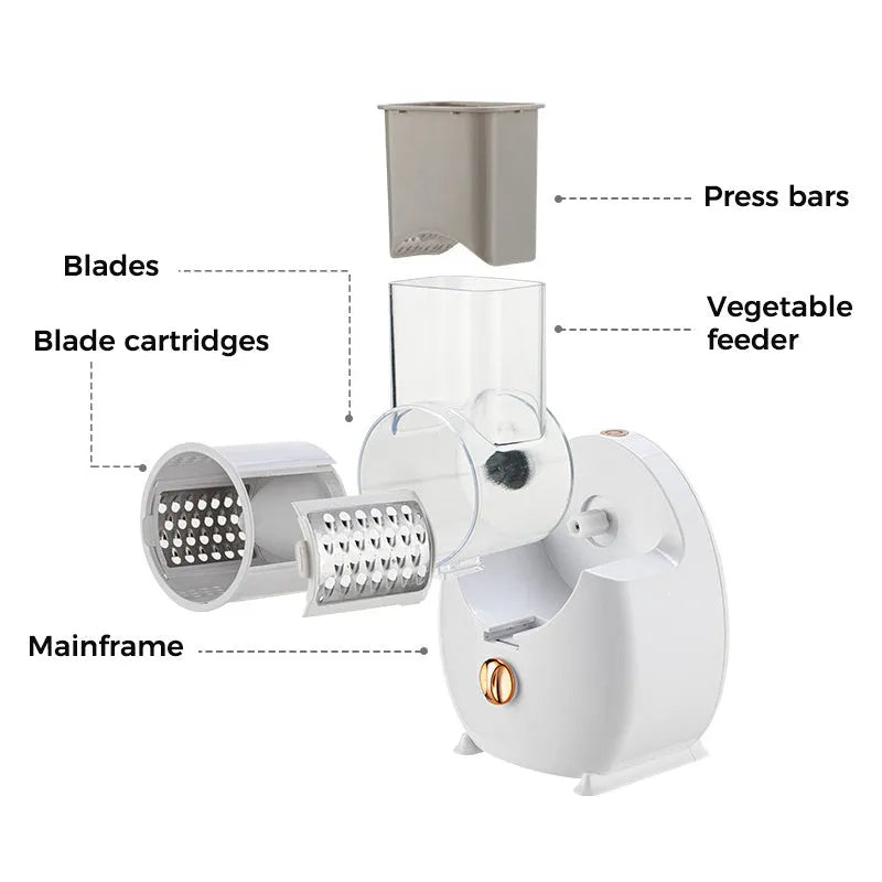 White electric vegetable slicer with suction base and multiple blades for potatoes and carrots